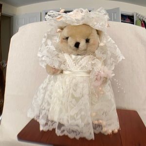 Vintage and rare Show Stopper jointed bride bear on stand